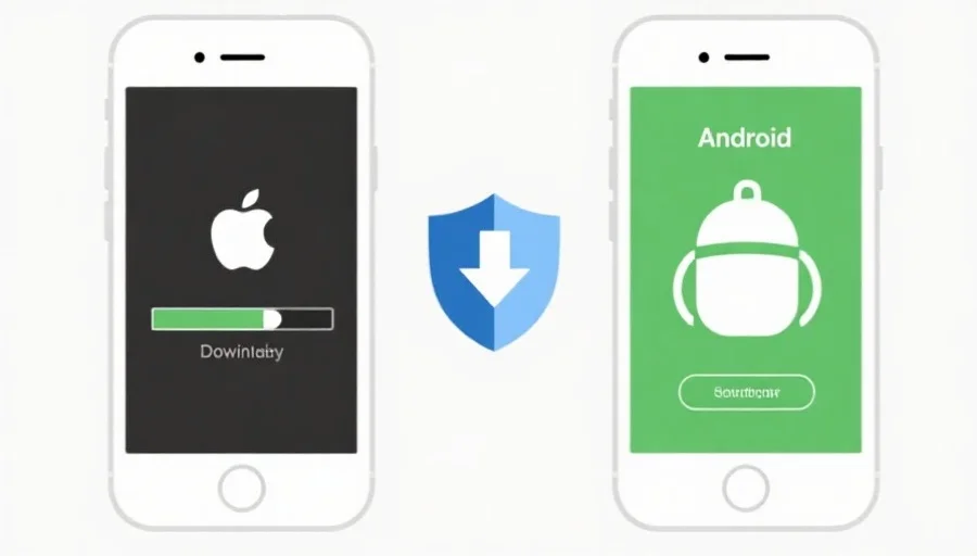 一个简洁明了的插图，展示两部手机分别代表iOS和Android，屏幕上有下载进度条和安全盾牌图标，突出安全下载主题